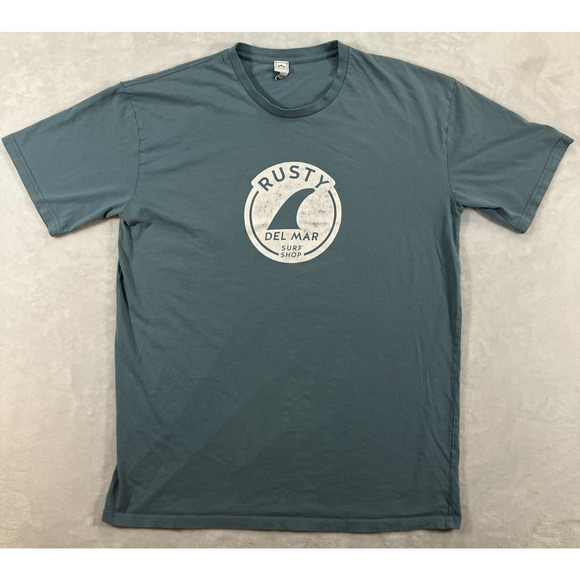 Rusty Del Mar Surf Shop Sky Blue T-Shirt Size 2XL Logo Graphic Surfer Beach - Picture 1 of 8